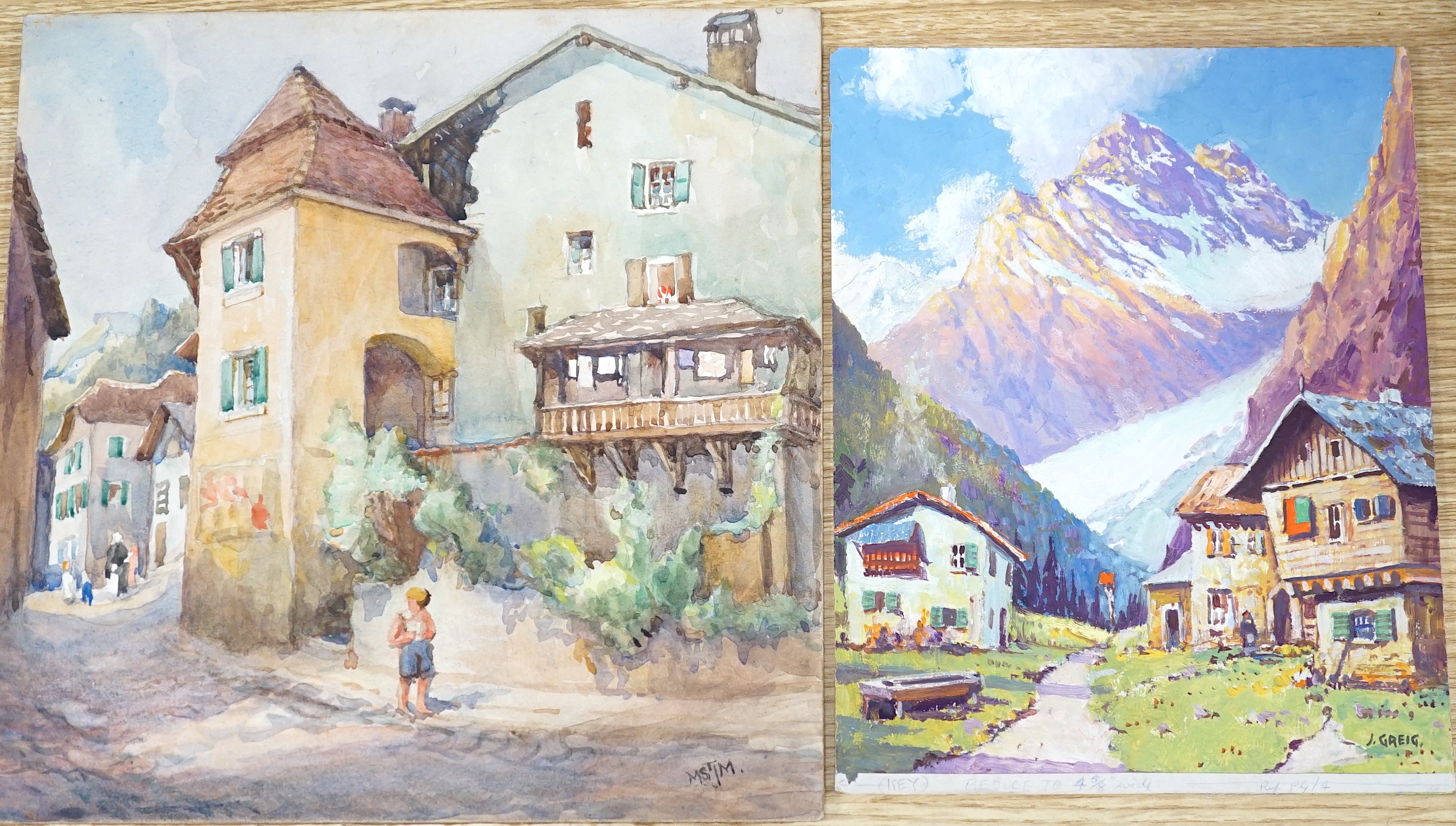 James Greig (1861-1941), oil on board, Swiss alpine scene, signed, 24 x 19cm and a Mabel St John Mildmay watercolour of Veytaux, Switzerland, 27 x 27cm, both unframed